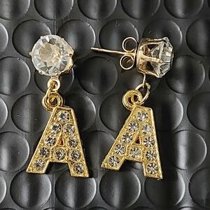 Gold Crystal Initial Earrings A